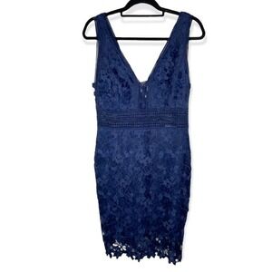 Marchesa rose blue floral lace cut out side sheath midi dress